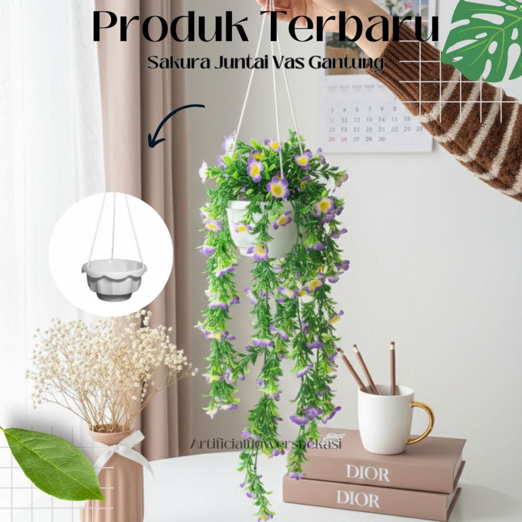 BUNGA SAKURA JUNTAI + POT GANTUNG TALI/bunga juntai/sakura juntai/bunga hias/aesthetic