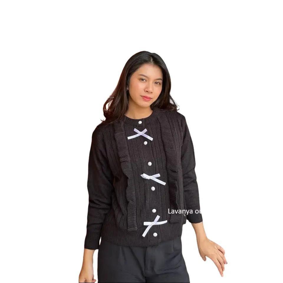 Jelita Knittwear Baju Atasan Cardigan Rajut Wanita Kancing Hiasan Pita Lucu dengan Desain Ruffle dan