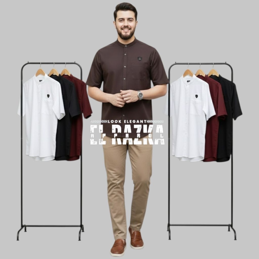 Baju Koko Pria Dewasa Lengan Pendek Kerah Shanghai Warna Mahogany Coklat