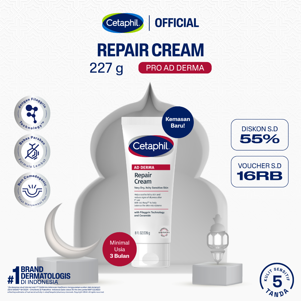 Cetaphil Pro AD Derma Repair Cream 227g dengan Ad-Resyl, Filaggrin, Ceramide dan Coloidal Oatmeal, P