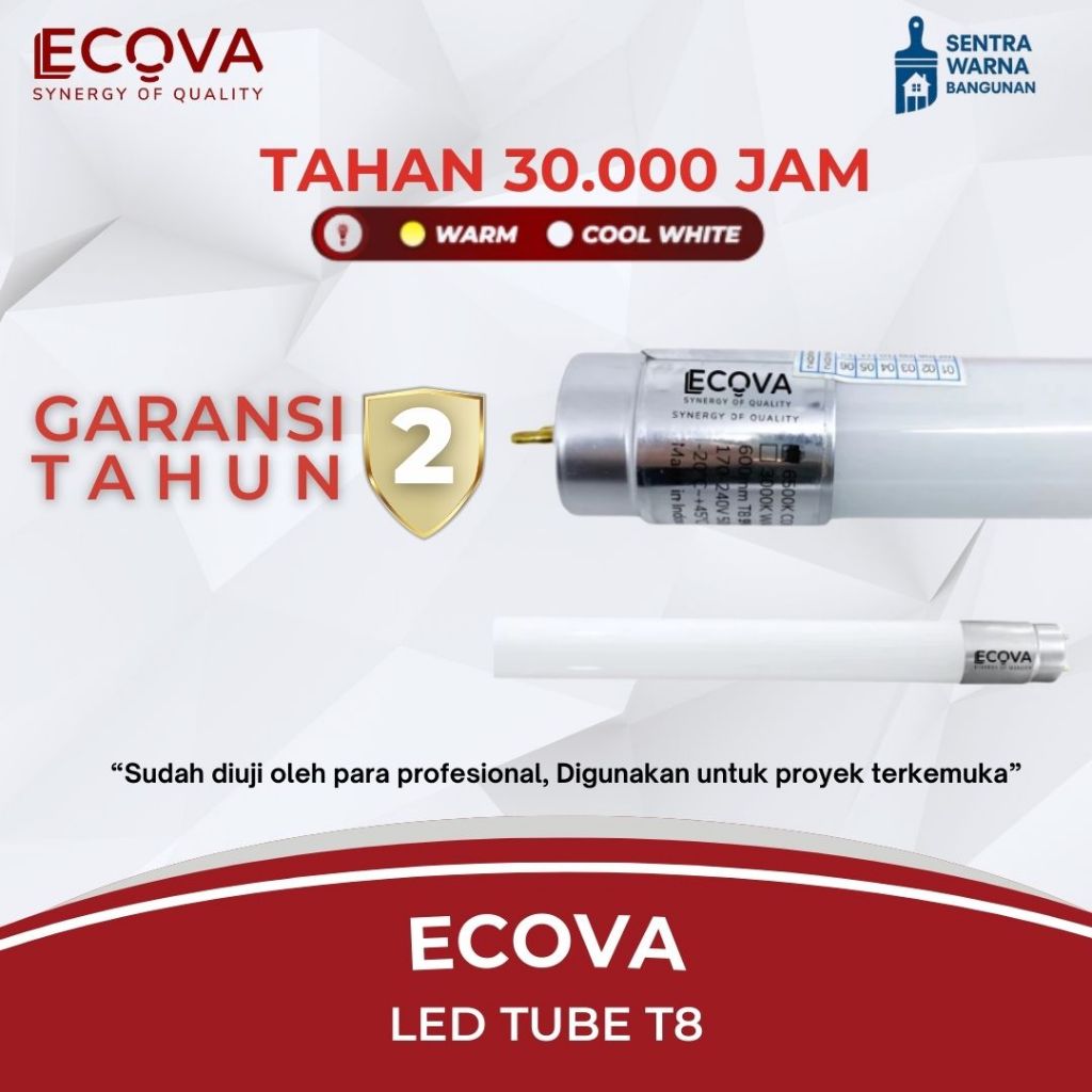 ECOVA -LAMPU T8 LED 40 WATT 120 CM (HANYA LAMPU)BODY FITTING ALUMUNIUM 6500K Putih