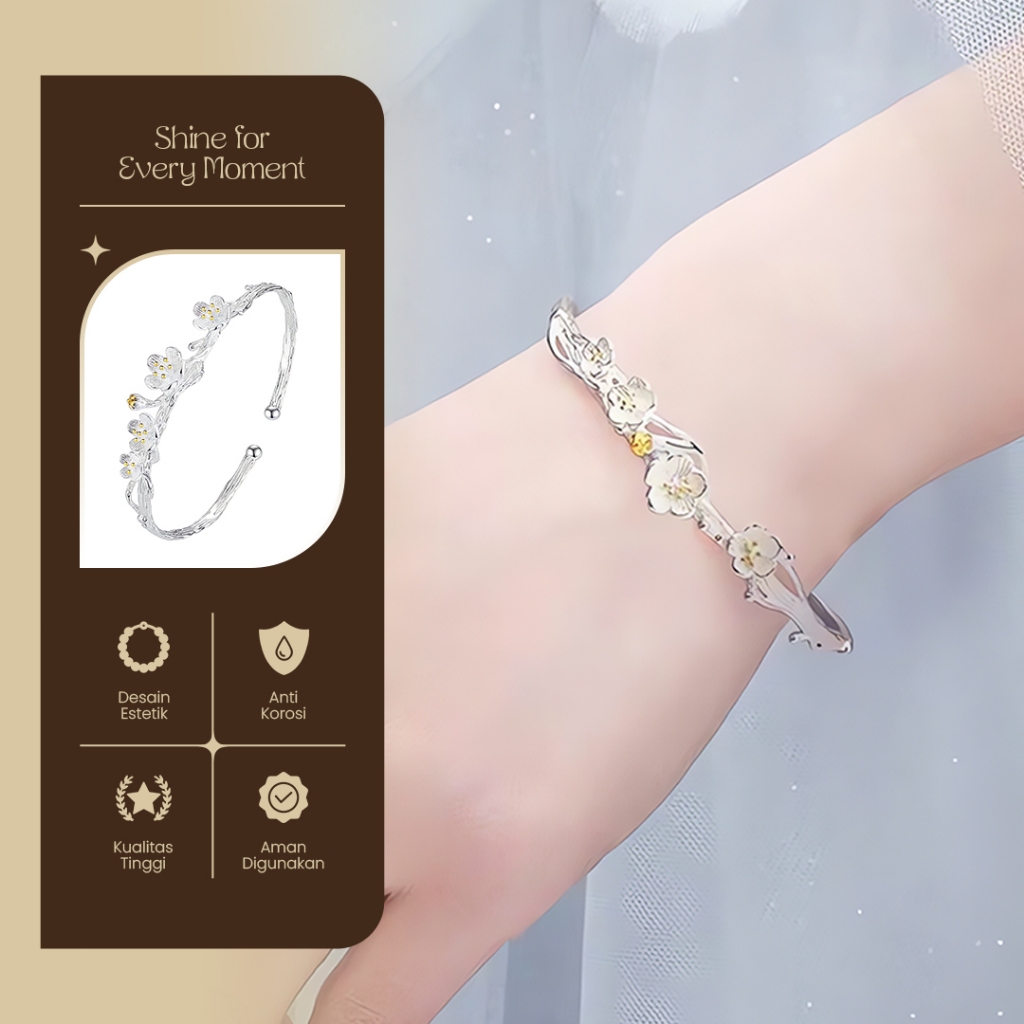 Gelang Sakura Terbuka Bunga Plum Perak untuk Wanita Perhiasan Perak Dua Warna Vintage