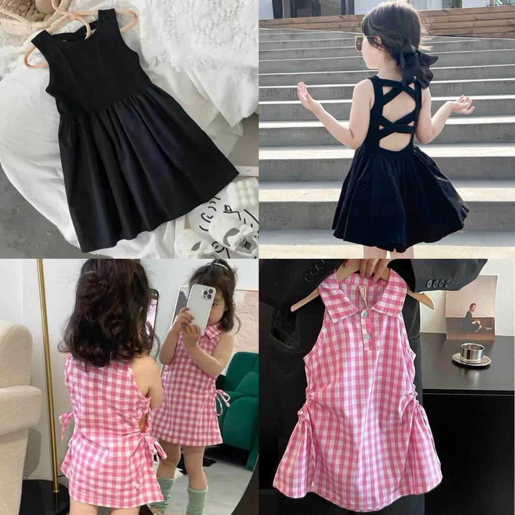 Amanda Gingham Side-Tie & Black Cross-Back Girls Dress | size 2-8y | baju gaun anak perempuan pink k