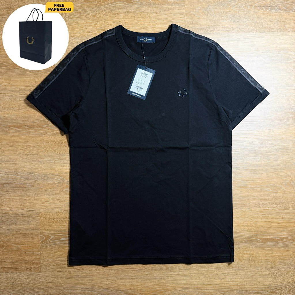 T Shirt Fred Perry Contrast Taped Black Grey Brand New With Tags 100% Original  Size : M ( 72 X 54 )
