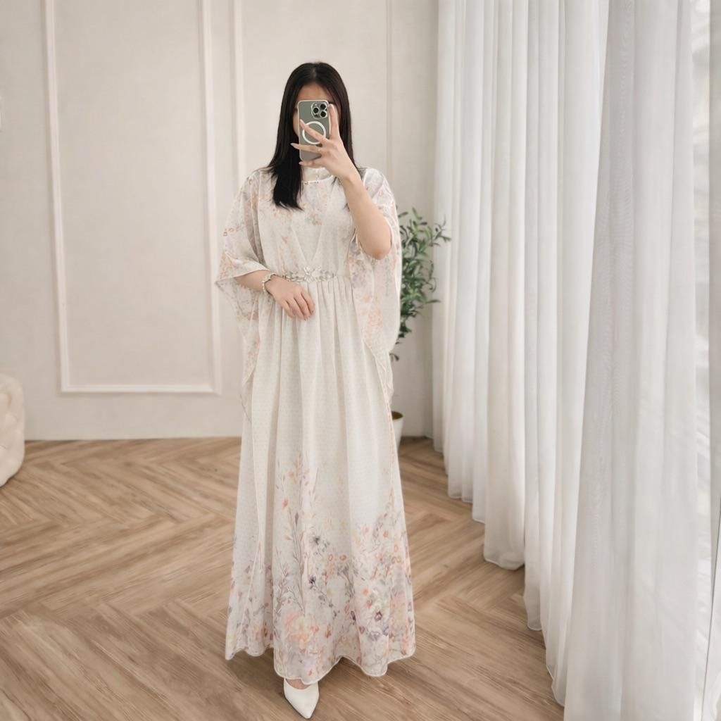 Gamis Kaftan Premium Motif Floral Soft Cream Dress Muslimah Jumbo All Size LD 120 Busui Friendly Kaf