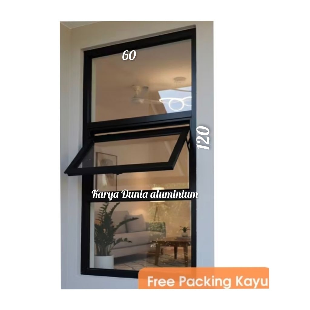 jendela aluminium  merek alexindo kusen 3inc kaca 5mm +kaca mati bagian atas bawa tengah jendela jun