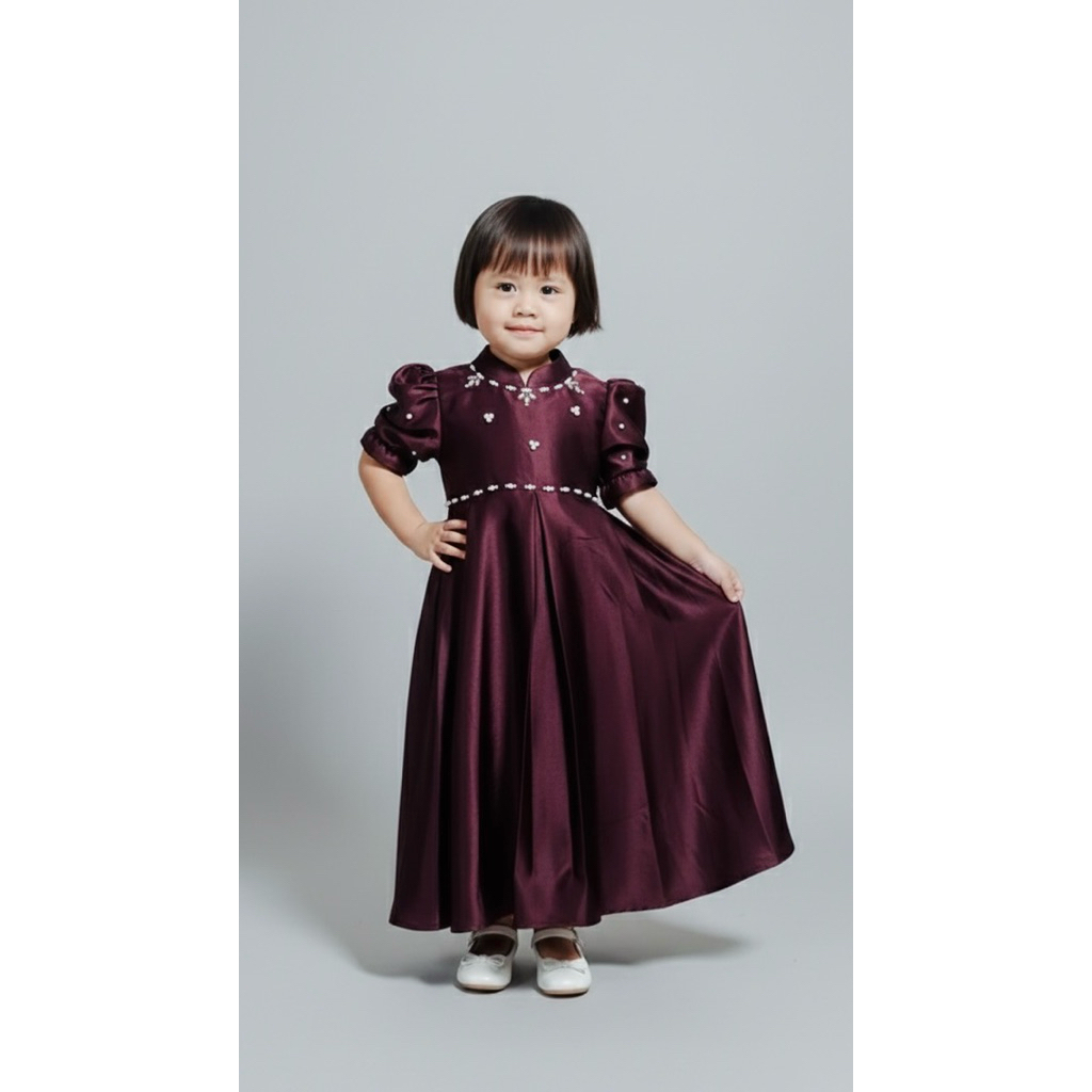 [fd.fshn] Sabrina Dress Baju Anak Perempuan Mahogany Burgundy Emerald Blue Usia 1-12 Tahun - Dress L