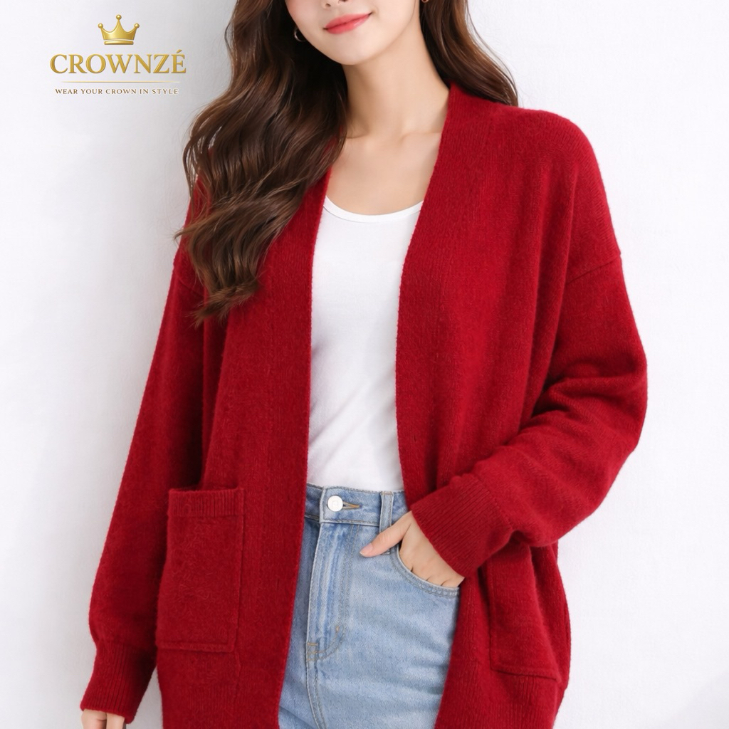 CROWNZE - Cardigan Rajut Wanita Jumbo Oversize Merah Maroon – Outer Knit Premium Big Size