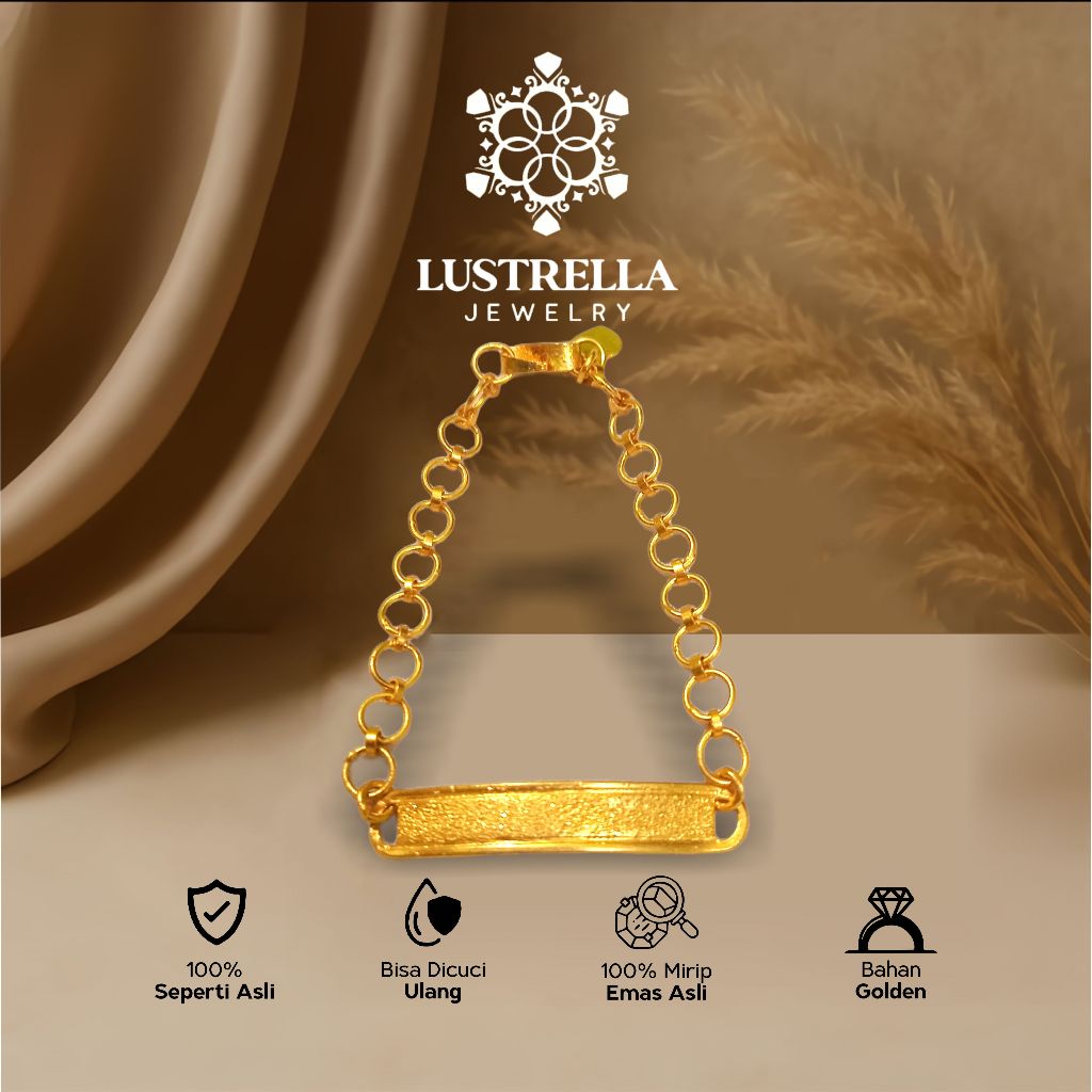 Gelang Anak Replika Emas Plat Persegi + Rantai Bulat Adjustable – Gold Look
