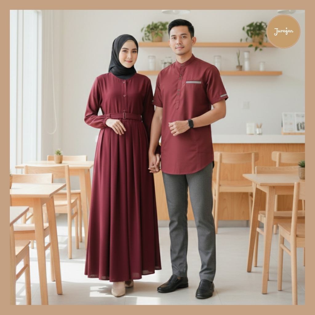 Gamis Couple Pasangan Muslim Kekinian Idaman Maroon by Juragan Baju Muslim