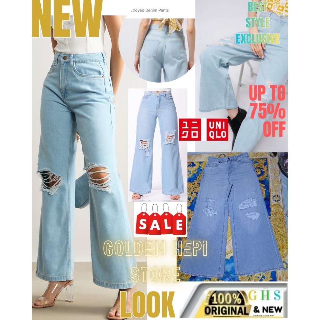 CELANA JEANS WIDE LEG RIPPED JEANS UNQ BY GU HIGHT WAIST WANITA