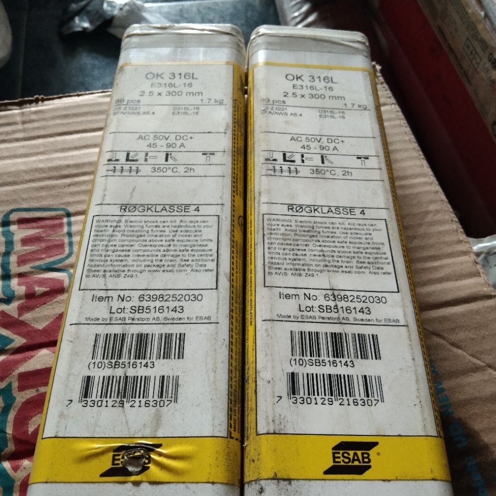 KAWAT LAS STAINLESS STEEL ESAB OK 316L AWS E316L-16 Size. 2.5MM HARGA 1BOX BERAT 1.7KG