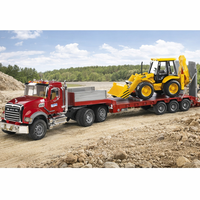 Bruder 2813 MACK Granite Low Loader w/ JCB 4CX Backhoe - Mainan Alat Berat Anak Premium Skala 1:16