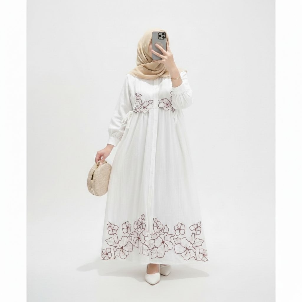 Lily dress gamis putih bordir gamis muslim lebaran kondangan