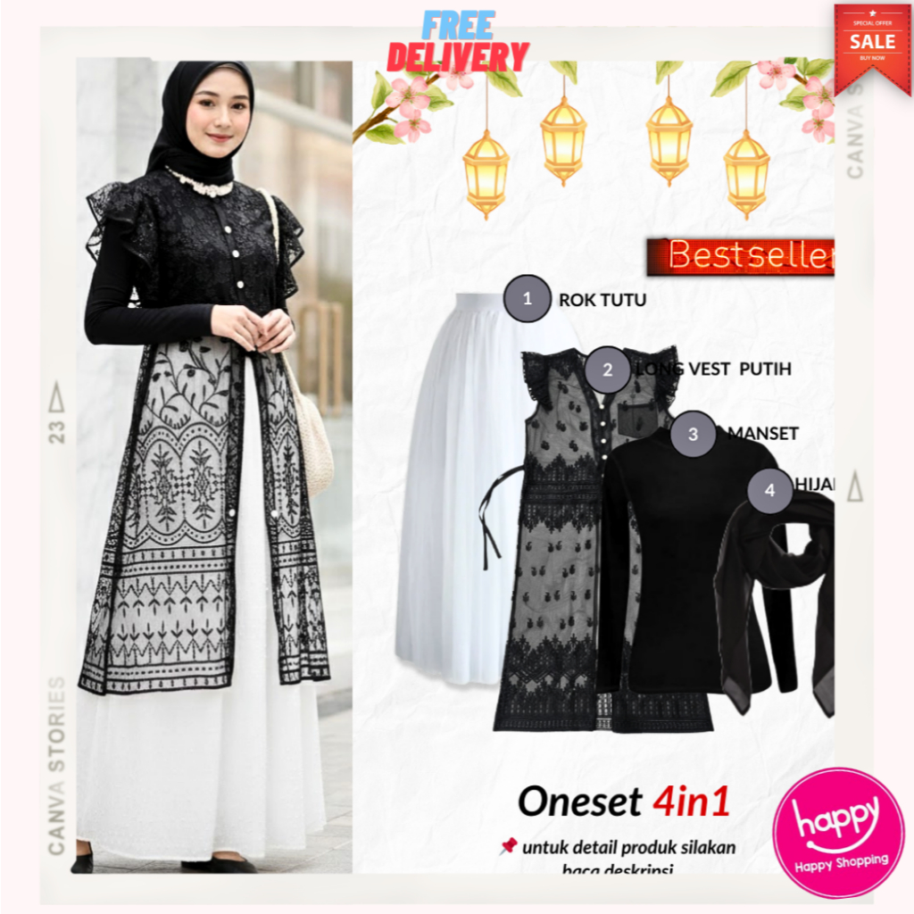 One Set 3in1 Dress Well Outer Long Vest 4in1 Baju Kondangan(Tunik TIle+ Rok Tutu + Hijab + manset)