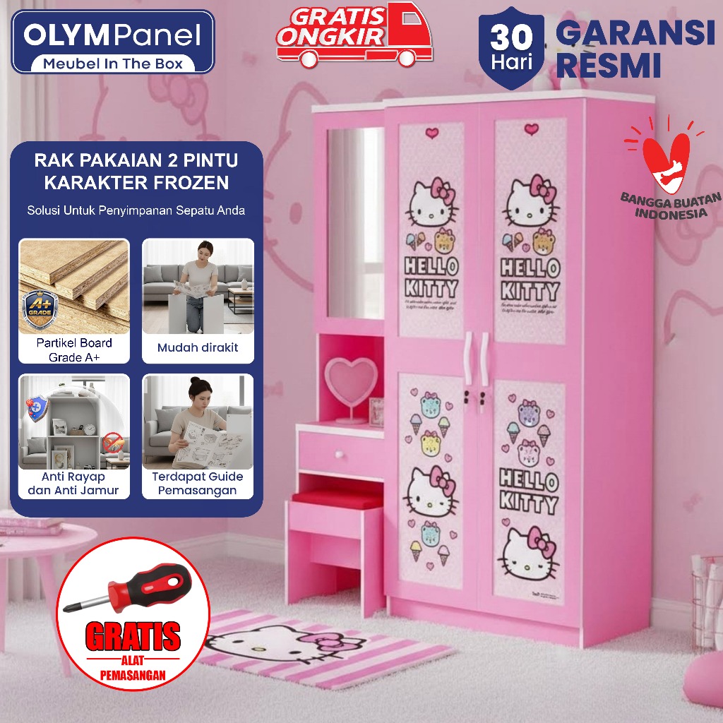 Lemari Anak Karakter Princess / Lemari 2 Pintu Minimalis / Wardrobe Anak Perempuan Multifungsi Pink 