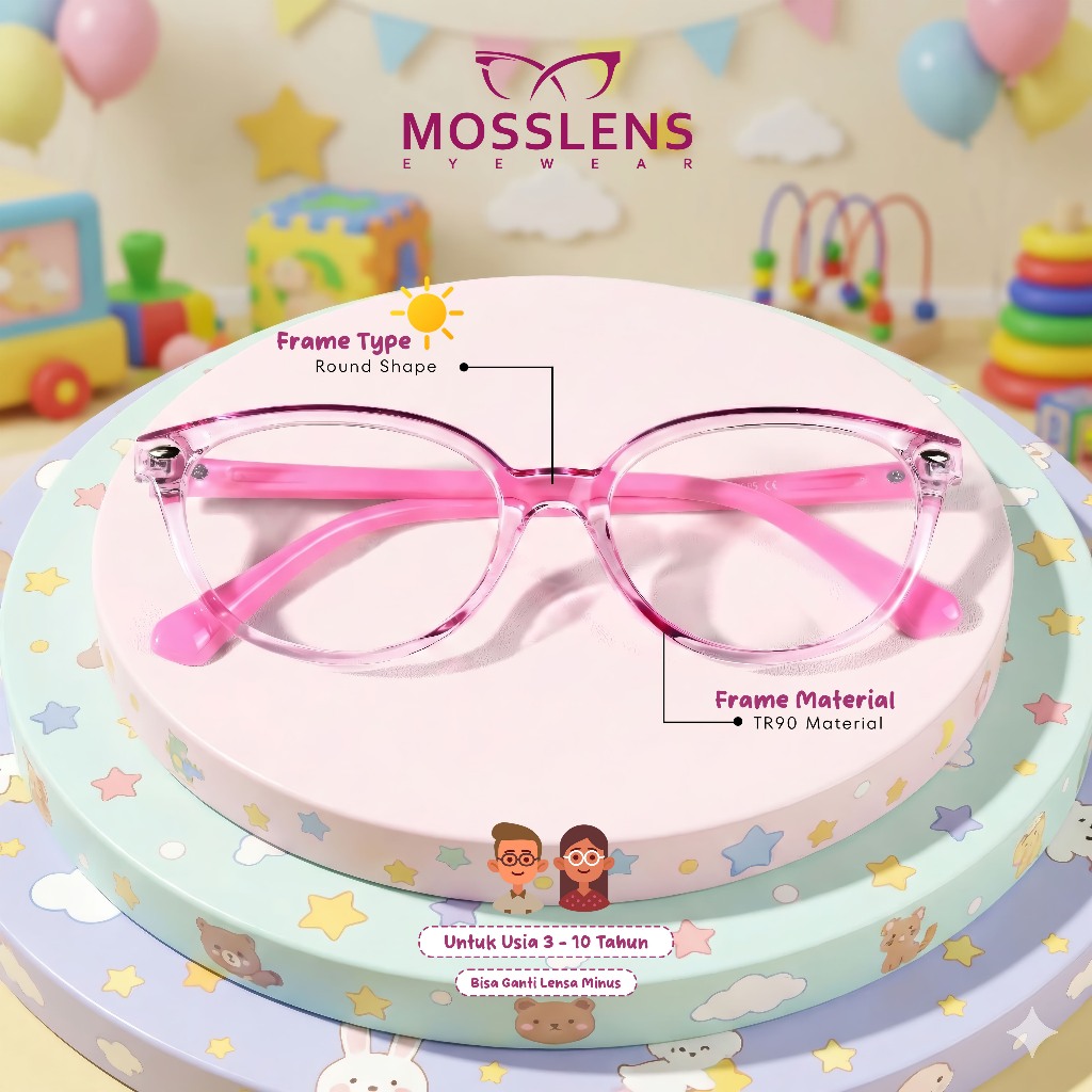 Mosslens Kacamata Anak Perempuan Lucu Frame Bulat Semi Cat Eye Bisa Minus Silinder TR90 Lentur 7364
