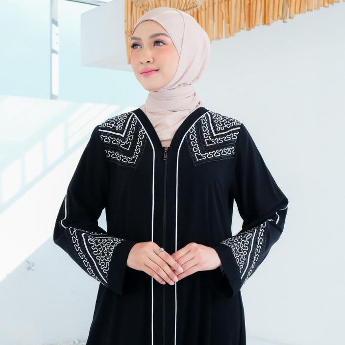 [Khamymshop] Gamis Abaya Hitam Saudi Bordir Putih Mocca Elegant mix Mutiara Swarosky