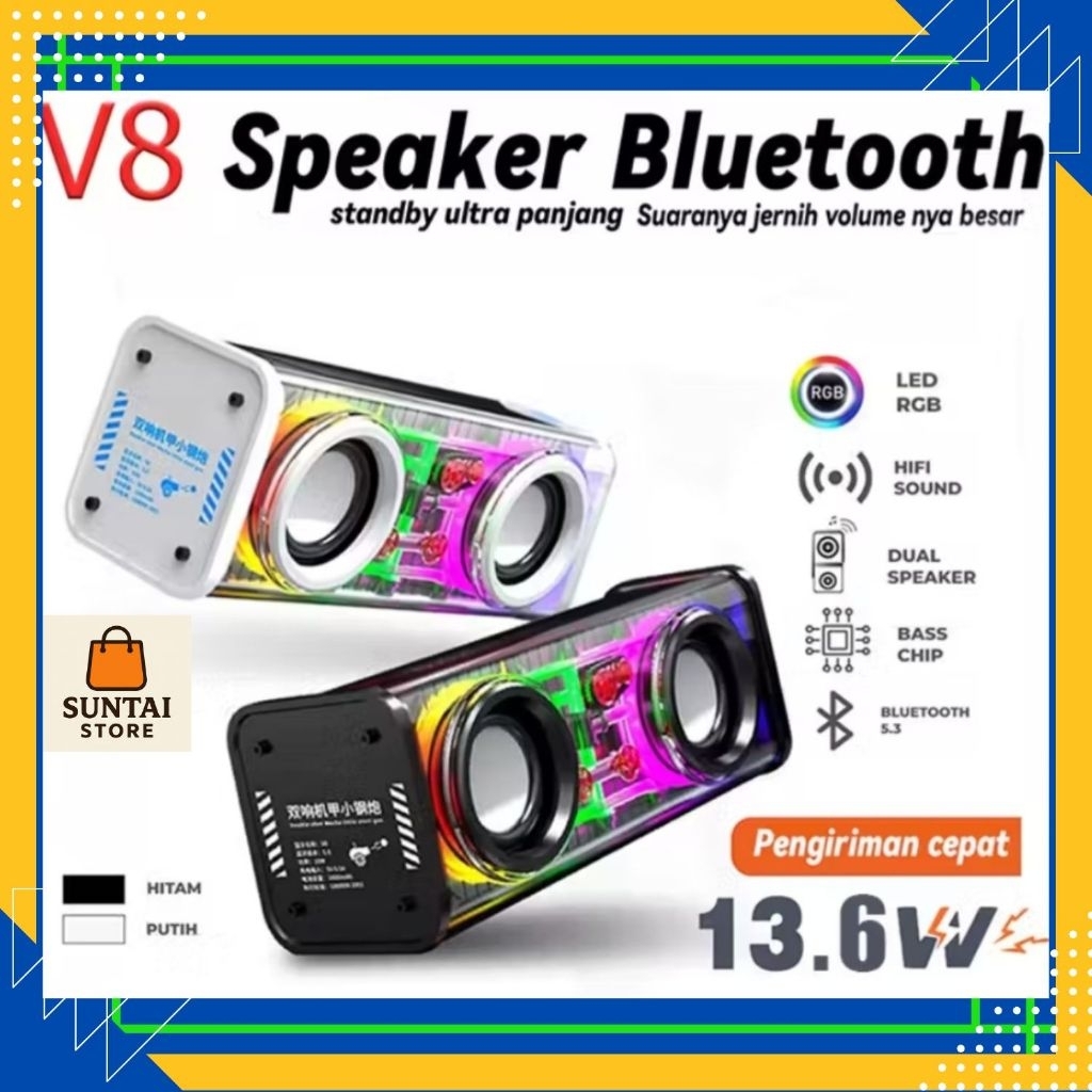 V8 Speaker Bluetooth 5.3 Wireless Cyberpunk 13.6W LED Light RGB 3D Super Bass Portable Indoor Outdoo