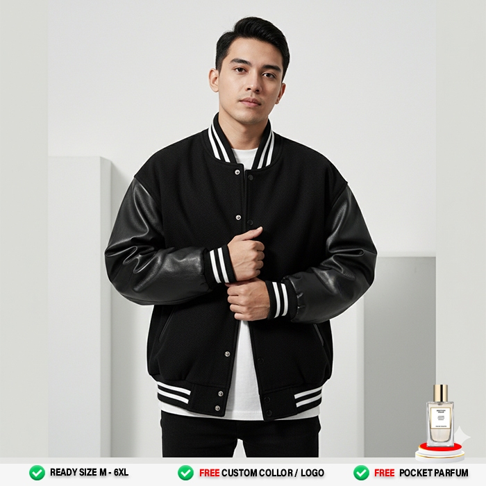 Jaket Baseball Varsity Pria Wanita Oversize Kombinasi Kulit HITAM Varsity Baseball Jackets Leather C