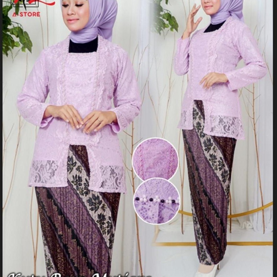 Set Kebaya Modern Kutu Baru Bahan Brokat Non Gliter Full Puring Warna Lilac