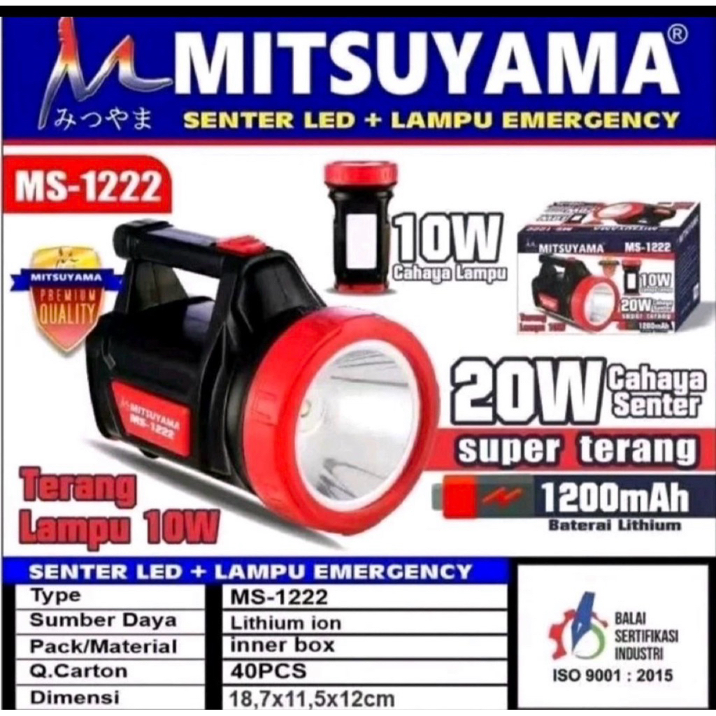 Senter LED Super Terang Mitsuyama 20W + Lampu 10W MS-1222