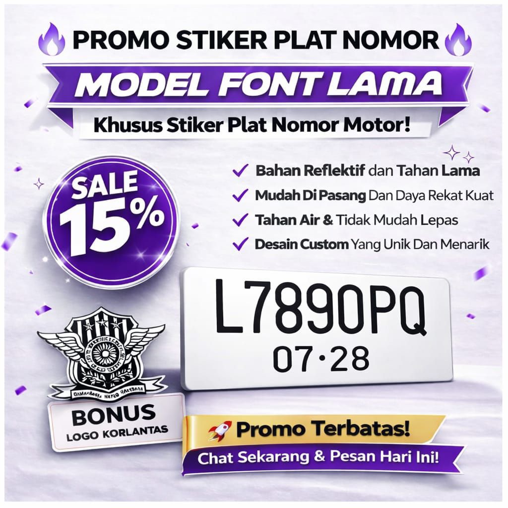 (Siap Kirim) Sepasang Stiker Plat Nomer Motor Font Lama, Stiker Cutting Plat Nomer Motor, Stiker Ref
