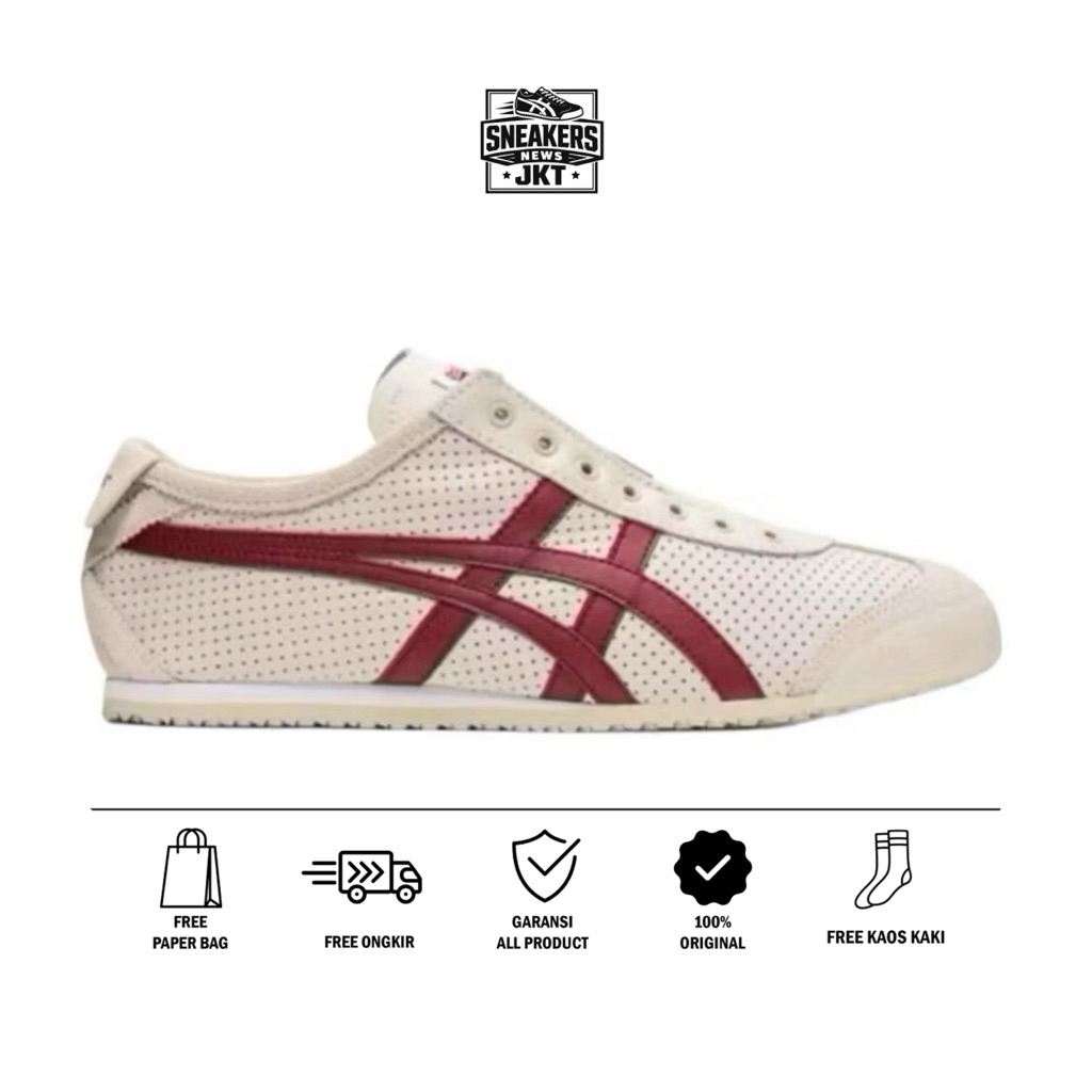 Sepatu Onitsuka Tiger Mexico 66 Slip On Leather Cream Maroon/Sneakers Original/wanita/Pria