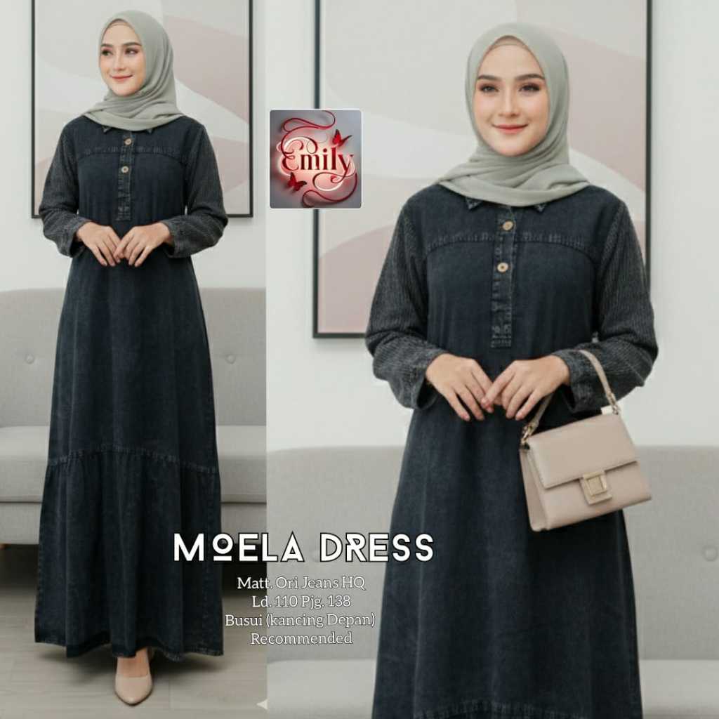 MOELA DRESS Gamis Wanita Original Emily Bahan Ori Jeans HQ Tebal Adem Busui Friendly Kancing Depan P