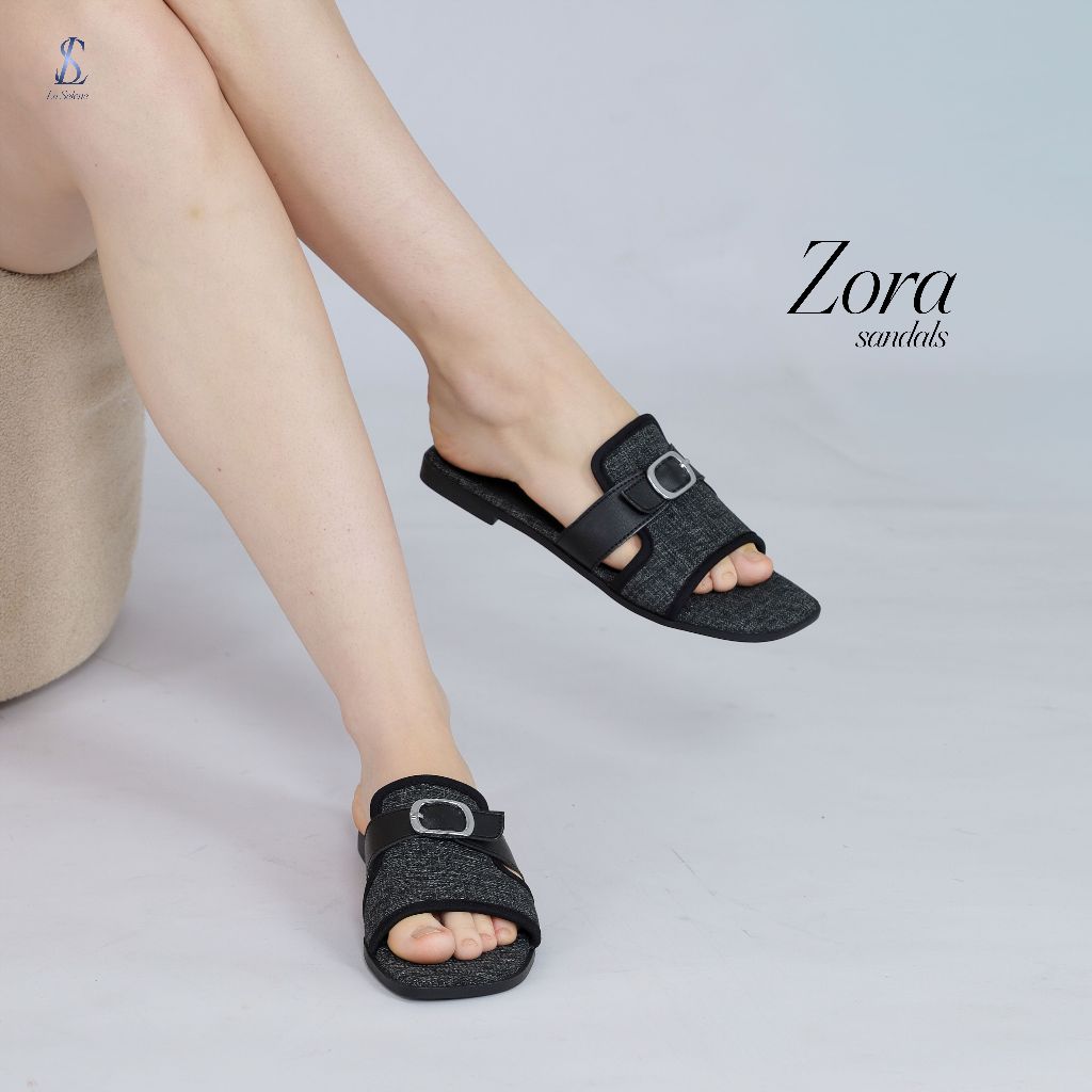 LaSelene - Zora Sandal Wanita Flat Sandal Slop Teplek Gesper Anti Slip L1 | Black Tweed