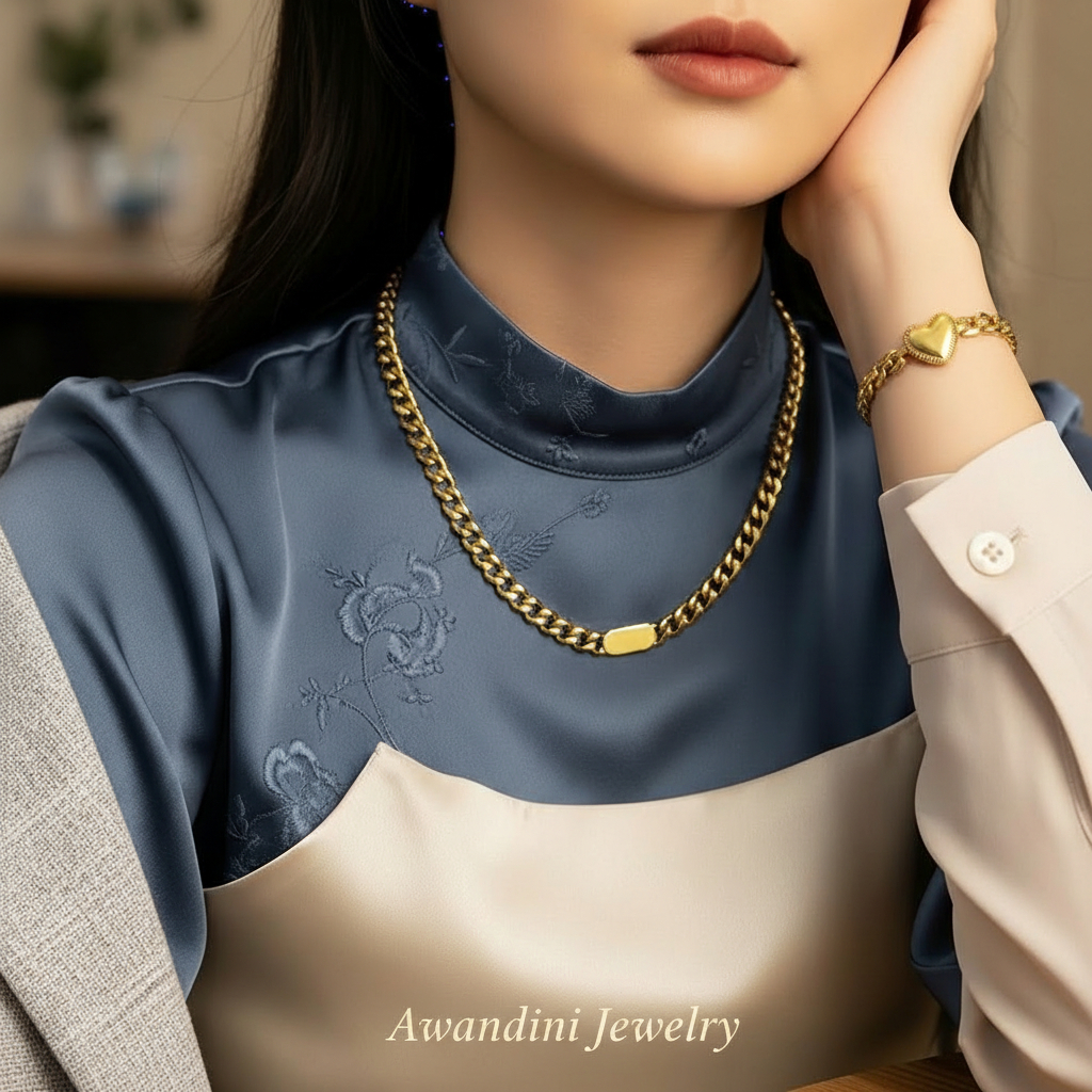 Set Aksesoris Wanita Kalung Rantai Sisik Plat Gold dengan Gelang Hati Rantai Tikar Velora Bahan Tita
