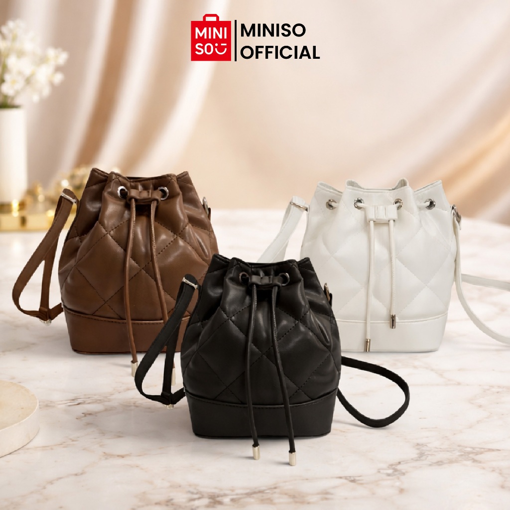 Miniso Drawstring Crossbody Bag Women's Handbag Tas Wanita Trendy Embroidered Quilted Drawstring Buc