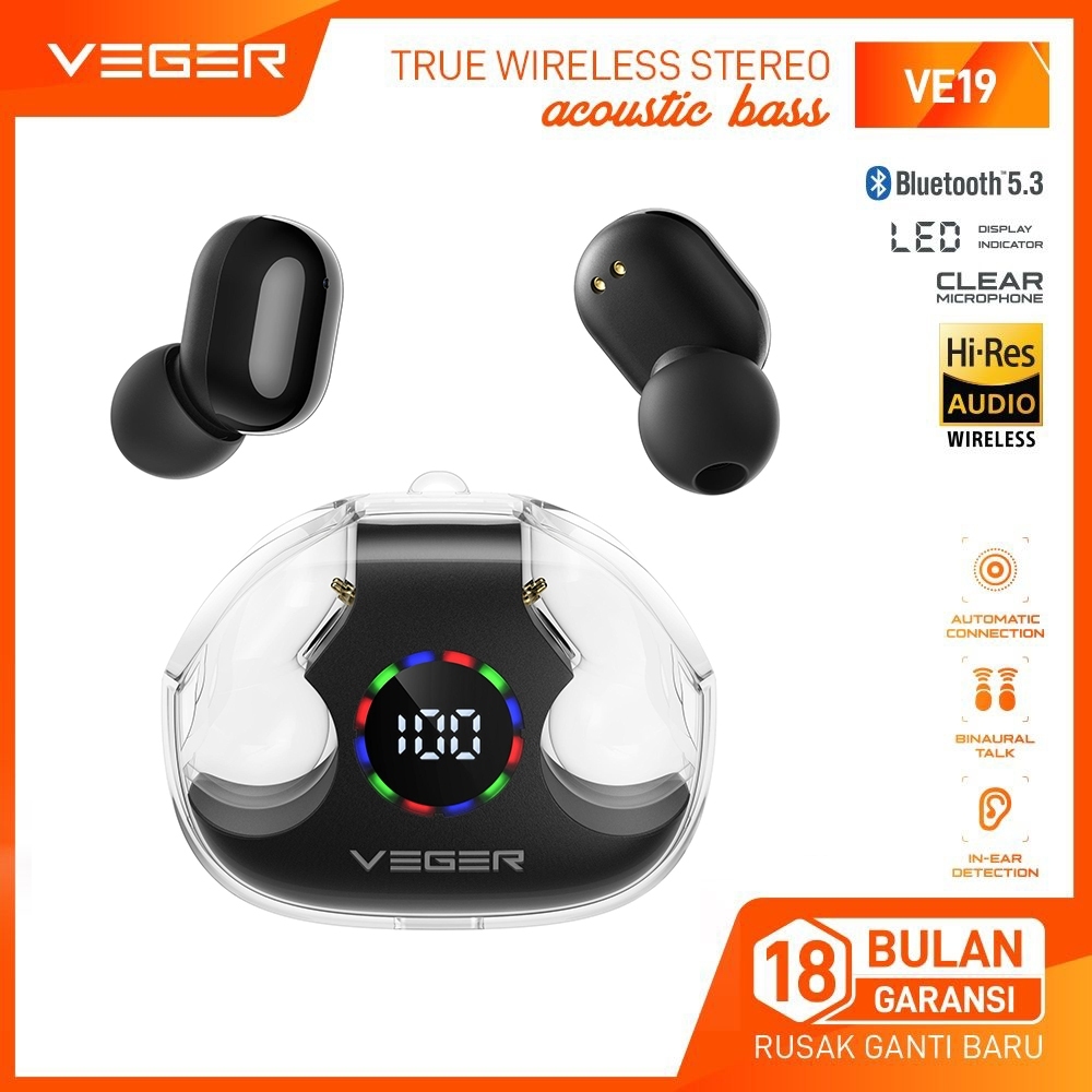 VEGER Earphone Bluetooth VE-19 VERSION 5.3 (Hitam)