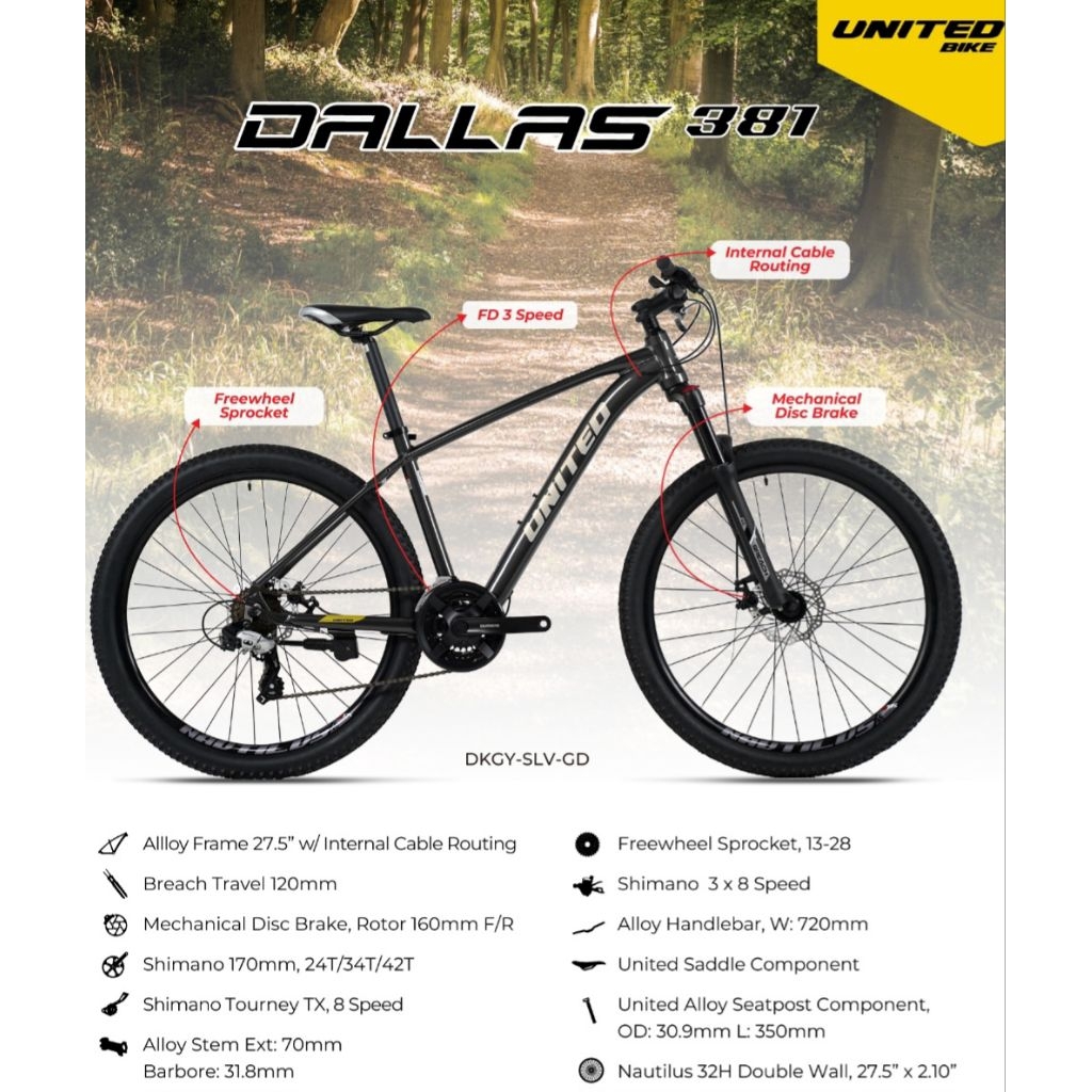(FREE HELM) SEPEDA MTB GUNUNG 27,5" UNITED DALLAS 381 ALLOY 24SP SHIMANO EQUIPMENT PROMO