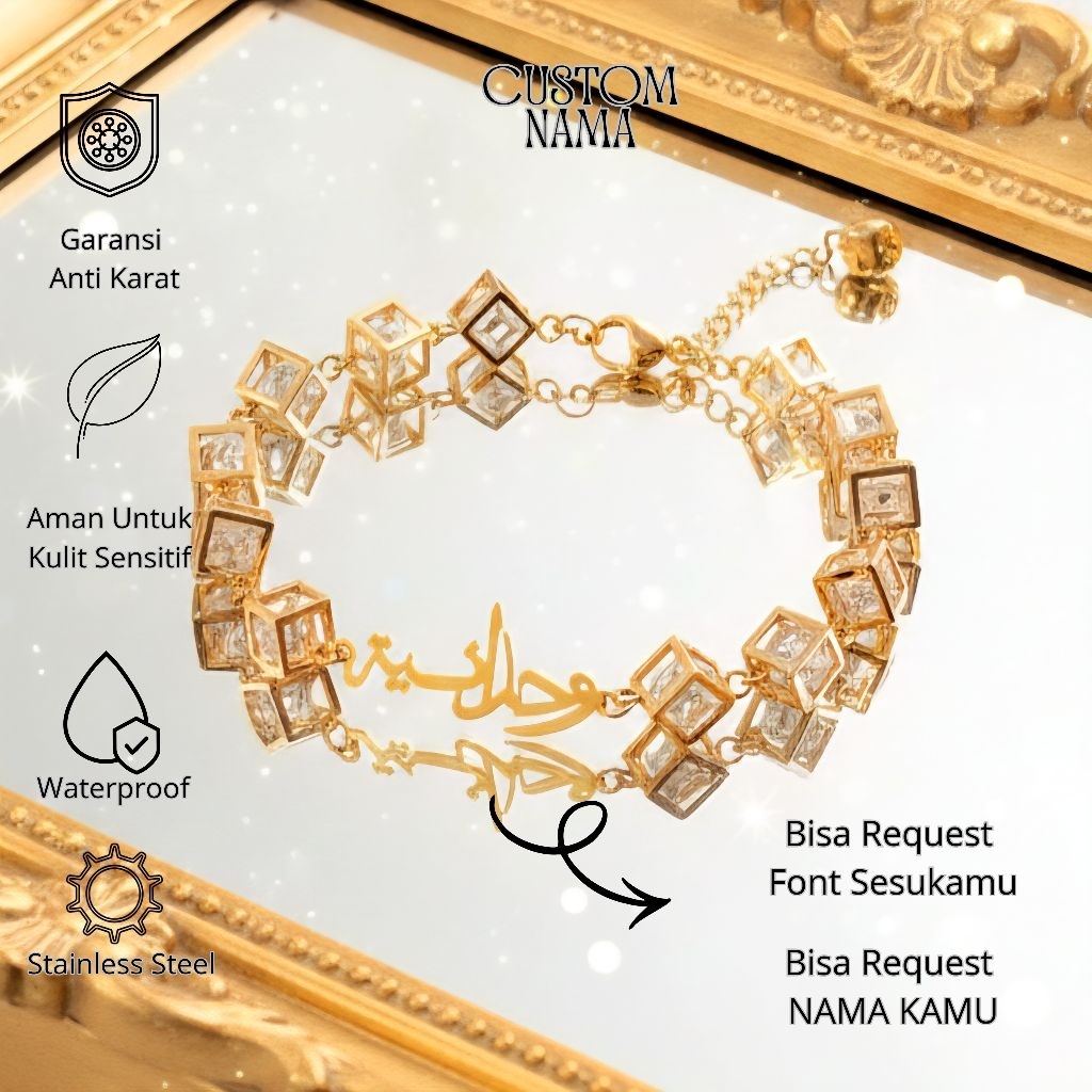 Gelang Custom Nama Arab Latin Kubus Permata Accesoris Wanita
