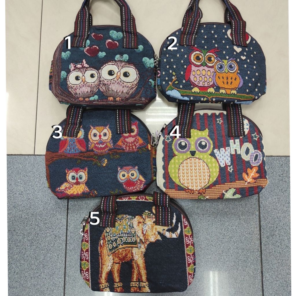 TAS KANVAS MOTIF GAJAH / MOTIF OWL / MOTIF KUCING SETENGAH LINGKARAN TALI PANJANG IMPORT