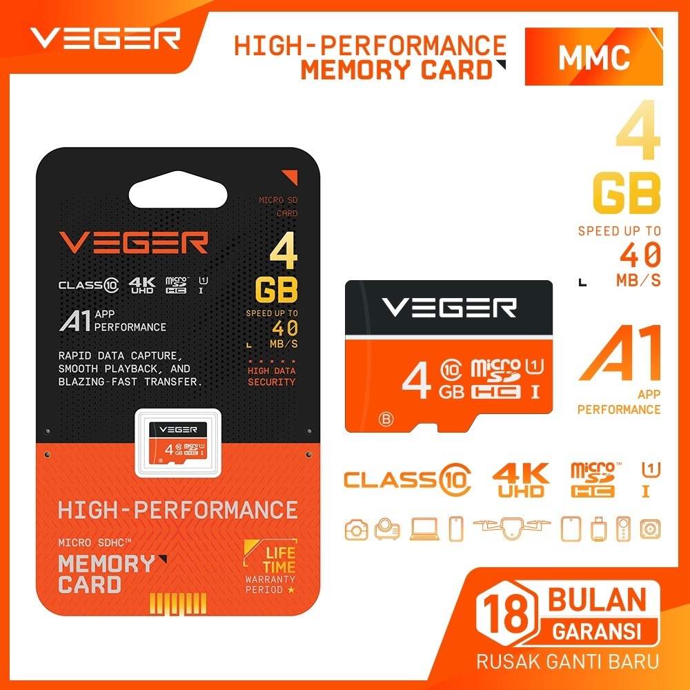 Memory Card Veger 4GB Micro SD Kartu Memori HP Original ( HITAM ORANGE)