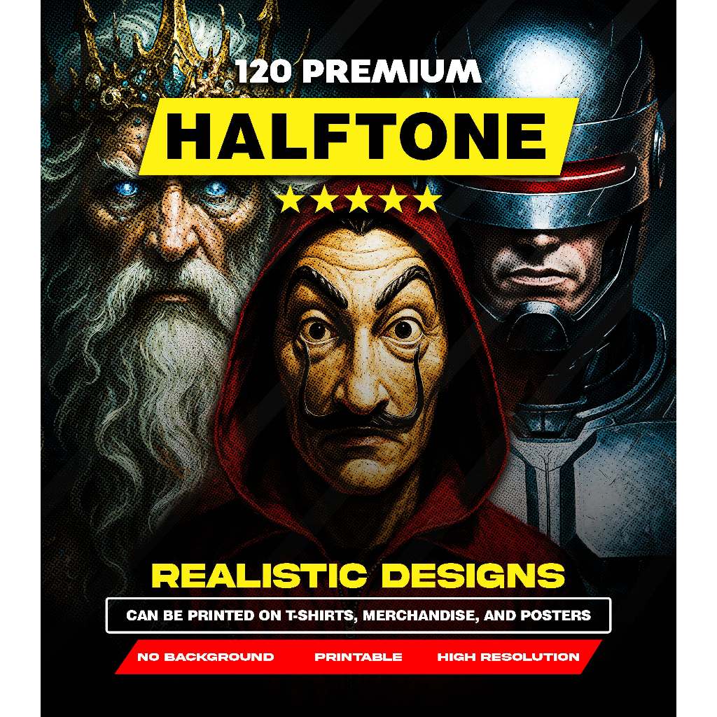 120 Desain Kaos Realistic Halftone PNG – Baju Hitam – Siap Produksi DTF DTG Sablon – A2 A3 A4 Digita