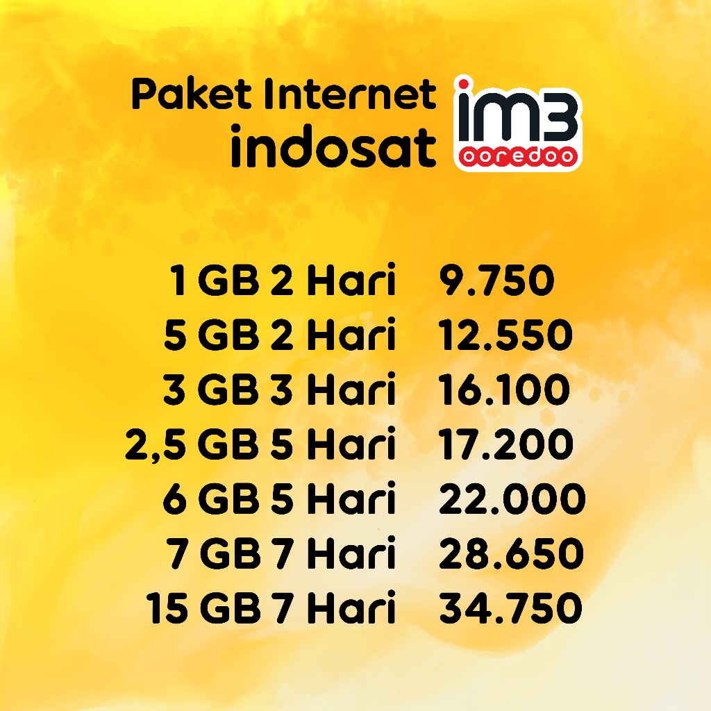 Paketan Kuota Internet Indosat IM3 Freedom Mini 1GB 1,5GB 2,5GB 5GB 7GB 15GB Data Harian Murah