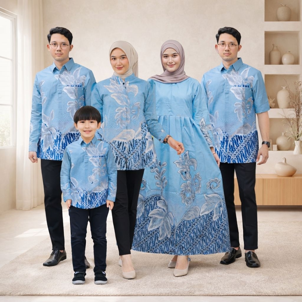 Batik Couple Keluarga Ayah Ibu Dan Anak Laki-laki Lengan Panjang Warna Biru Muda Motif Angrek Biru
