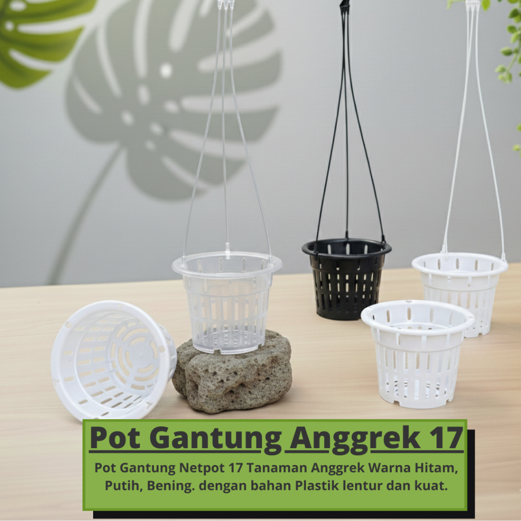 Pot Gantung Netpot NKT 17 Wadah Tanaman Bunga Anggrek Hitam Putih Bening