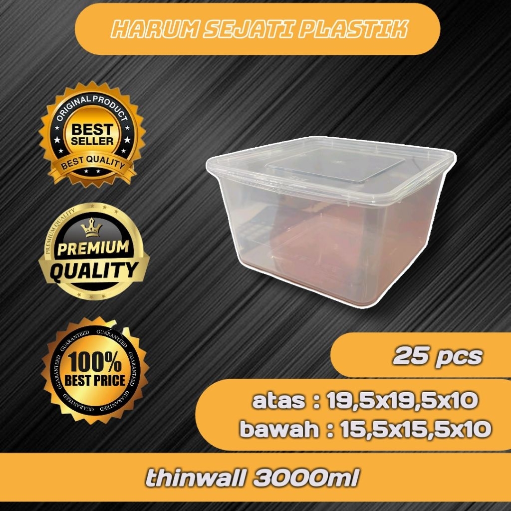 Thinwall Square Food Container 3000ml + Tutup | Box Makanan Plastik Tebal | Wadah Frozen & Catering