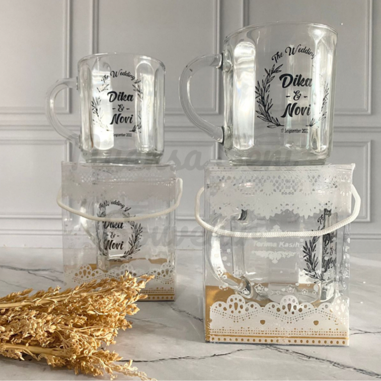 Souvenir Gelas CG Garis Cangkir Kopi Gagang Kaca Minum Teh Tumbler Mug Sablon Kemas Mika Motif