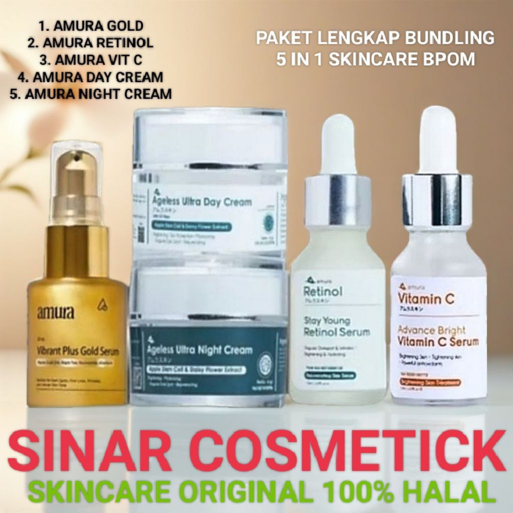 5 IN 1 PROMO PAKET AMURA PENGHILANG BOPENG JERAWAT & BEKAS JERAWAT ( RETINOL GOLD VIT C CREAM SIANG 