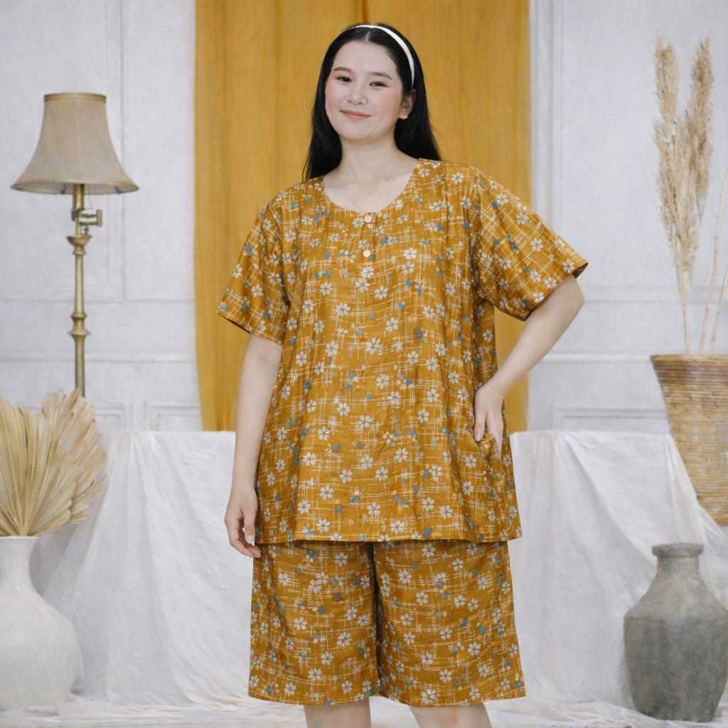 Setelan Celana Pendek Wanita One Set Gogo Jumbo Motif Bunga Cempaka LD 120 Rayon Premium Busui Kekin