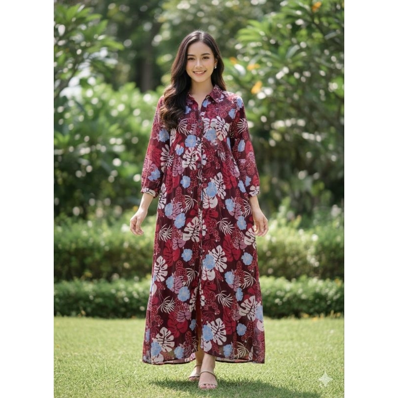 gamis sifon marun bunga besar