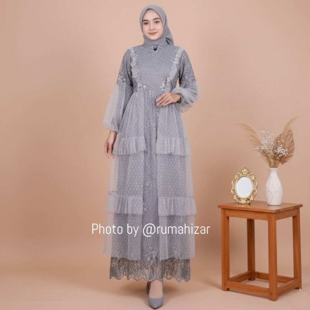Gamis ALESHA RAYA Baju Muslim Wanita Tile Premium Payet Mewah Lengan Balon Dress Pesta Kondangan Leb
