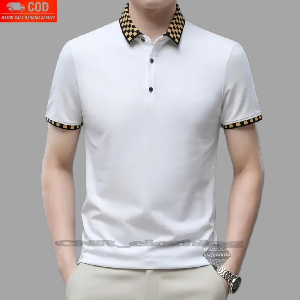  
 
Kaos Polo Pria Lengan Pendek Motif Kotak-Kotak Kerah & Lengan - Baju Kasual Kemeja Polo Putih Tr