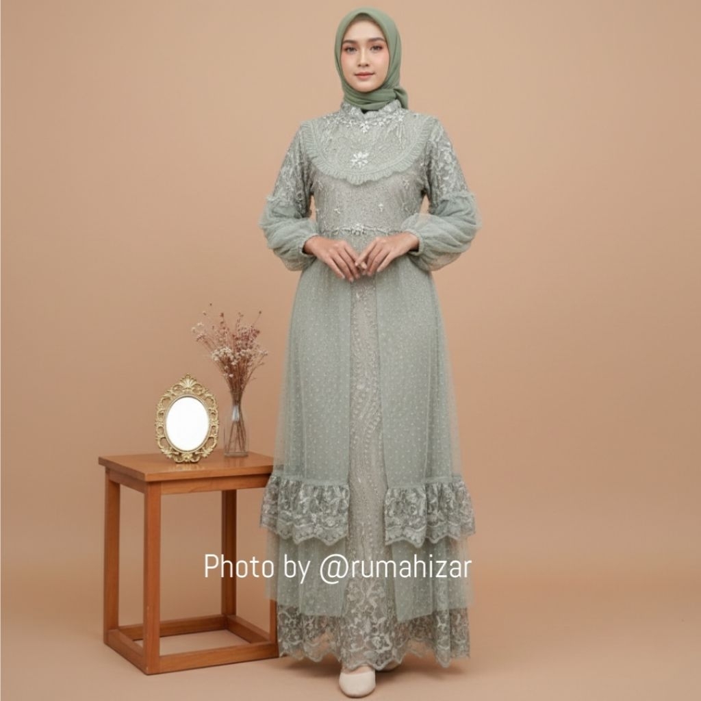 Gamis GERALDA Tile Sage Green Elegan Wanita All Size XL – Dress Muslimah Leher V Lengan Balon Manik-