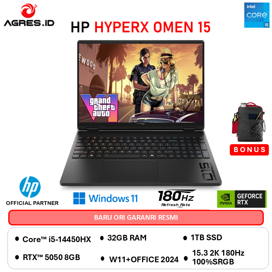 HP HYPERX OMEN 15 CORE I5 14450HX RTX5050 8GB - RAM 32GB 1TB W11+OHS 15.3WQXGA 180HZ 100SRGB -GA0555